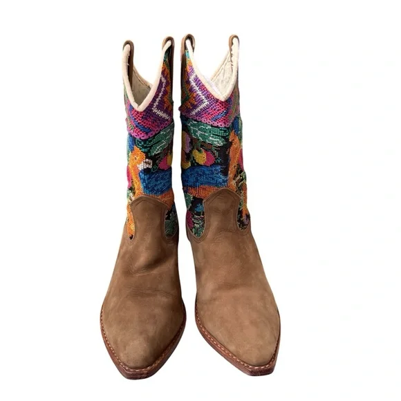 Genuine Suede Colorful Embroidered Southwestern Cowboy‎ Boots - Picture 4 of 8